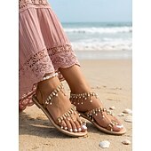 tanie Kobiety-damskie sandały w stylu boho zdobione perłami i pętelką na palce - eleganckie letnie buty ślubne na plażę