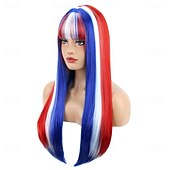  Peruca Vermelha Branca e Azul com Franja Perucas do Dia da Independência para Mulheres e Meninas Peruca Longa Lisa Sintética Resistência ao Calor Cosplay