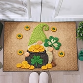 abordables Felpudo-St Patrick's Day Doormat 2D Flat Print Design Featuring Gnome with Pot of Gold and Shamrocks on Sparkling Green Background