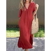 cheap Plain Dress-Women's Maxi Dress Shift Dress Summer Dress Casual Daily Loose Fit Plain 3/4 Length Sleeve V Neck Blue Black White Red Summer Spring Fall