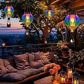abordables Luces de camino y linternas-1 linterna de globo aerostático de metal de vidrio colorido impermeable y solar para exteriores, luz de llama simulada LED, decoración de árboles de granja y jardín, iluminación de paisaje, luz