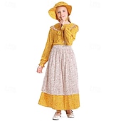  250-årsjubileum USA 1800-talet Gamla västern Prärieklänning Motorhuva och förkläde Lång ärm Pioneer Girl Koloniala kostymer Pionjär Revolutionskriget Blommig Maskeradkläder Flickor Halloween Karnival