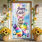 Недорогие Гаражные и дверные баннеры-Пасхальный дверной баннер, счастливый пасхальный кролик, разноцветное яйцо, бабочка, подсолнух, весенняя вывеска для крыльца, настенный гобелен, декор для дома.