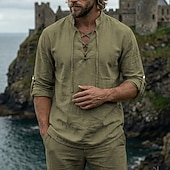 abordables Vacances-Homme Chemise Chemise en lin Style Viking Chemise popover Chemise d'été Chemise à col officier Uni Occasionnel Vacances Noir Blanche Vert Kaki manche longue Col en V Été Printemps Vêtement Tenue