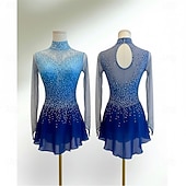 baratos Vestidos de Patinação Artística-Vestidos para Patinação Artística Mulheres Patinação no Gelo Vestidos Azul+Azul Claro Patchwork Thumbhole Com Stretch Treino Competição Roupa para Patinação Clássico Cristal / Strass Manga Longa