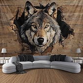 billige Veggoppheng-3D-ulveteppe veggteppe realistisk treulv som kommer ut av tre veggdekor stor stoffplakat til stue soverom mannehule