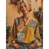  dame bohemsk bluse pustende lett blomstret grafisk vintage stilig langermet v-hals vanlig topper gul rosa marineblå sommer vår