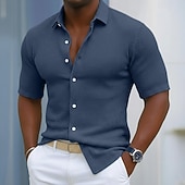  Voor heren Overhemd Wafel Shirt Textuur Normaal shirt Overhemd met knopen Zwart Marineblauw Hemelsblauw Groen Grijs Korte mouw Effen Revers Casual Dagelijks Kleding Modieus Modern Casual Comfortabel