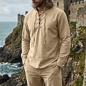 abordables Vacances-Homme Chemise Chemise en lin Style Viking Chemise popover Chemise d'été Chemise à col officier Uni Occasionnel Vacances Noir Blanche Vert Kaki manche longue Col en V Été Printemps Vêtement Tenue