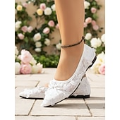 economico sposa-scarpe da sposa basse in pizzo color avorio da donna con fiocco, eleganti ballerine da sposa per matrimoni all'aperto in giardino