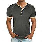 baratos Camiseta Henley Casual-Homens Camisa Henley Camisetas Camiseta 100% algodão Manga Curta Côr Sólida Tecido Cor Única Moda Designer Casual Bloco de cor Botões Henley Casual Diário Ao ar livre Primavera Verão Verão Primavera