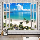 levne Nástěnné tapiserie-3D gobelín s výhledem z okna, pláž, falešné okno, oceán, nástěnná dekorace, tropické palmy, pobřežní krajina, do obývacího pokoje, místnost na jógu.