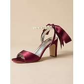 tanie Panna młoda-Damskie fioletowe satynowe szpilki ślubne z perłowym paskiem wokół kostki i kokardką, eleganckie sandały ślubne z odkrytymi palcami dla panien młodych, luksusowe buty na wysokim obcasie do ceremonii