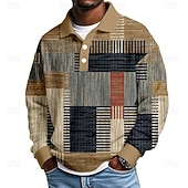 abordables Polo géométrique pour homme-Homme Géométrique Bloc de Couleur Chemises Polo Gaufre Texturé manche longue Polos Revers Occasionnel Athleisure Tenue quotidienne Impression 3D Printemps Automne Hiver Bleu Violet Marron