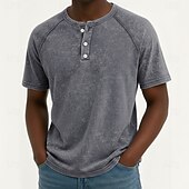 baratos Camiseta Henley Casual-Homens Camisetas Top Henley Camiseta de algodão Camisa lavada Manga Curta Côr Sólida Tecido Cor Única Vintage Designer Casual Desaparecido Botões Henley Casual Diário Ao ar livre Verão Primavera