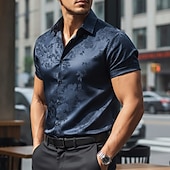 cheap Men's Satin Shirts-Men's Shirt Satin Shirt Dress Shirt Button Up Shirt Gradient Casual Wedding Black Red Navy Blue Short Sleeve Turndown Summer Clothing Apparel Jacquard