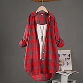 זול חולצות וחולצות-בגדי ריקוד נשים חולצה חולצות פשתן מכותנה כפתורים משובץ אלגנטית וינטאג' מסוגנן שרוול ארוך צווארון חולצה חולצות ארוכות יומי חגים ליציאה צהוב אודם תלתן קיץ אביב סתיו