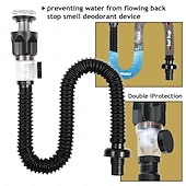 halpa Hanatarvikkeet-kylpyhuoneen lavuaarin viemärisarja joustavalla, laajennettavalla P-lukolla, pesualtaan viemäri sopii useimpiin viemärireikiin, sisäänrakennettu tukkeutumisenestoventtiili, hajuton kylpyhuoneen