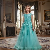 abordables Robes de Fille de Fleurs-Robe de Demoiselle d'Honneur Fille Fille Robe de soirée Tenue de mariage Soirée Mariage Formel Mode Princesse Beau Maille Couleur Unie Sans manches Col Rond Bleu Jaune 4 ans et +