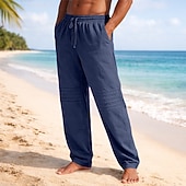 preiswerte Urlaub-Herren Leinenhosen Hose Sommerhose Baggy-Hosen Strandhose Kordelzug Elastischer Bund Gerader Schnitt Einfach Komfort Atmungsaktiv Volle Länge Lässig Täglich Outdoor Mode Klassicher Stil Schwarz