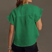 cheap Plain Blouses-Women's Linen Like Faux Cotton Linen Shirt Casual Shirt Button Up Shirt Ruched Ruffle Buttons Solid Color Plain Daily Stylish Casual Short Sleeve Stand Collar  Holiday Beach Wear Vacation Wear