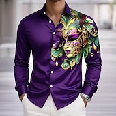 economico Camicia in Raso da Uomo-Martedì grasso Per uomo Carnevale Maschera con piume Camicia Camicia in raso Camicia elegante Manica Lunga Moda Casual Feste Ferie Estate Primavera Collo ripiegato Stampa 3D Camicie con bottoni Viola