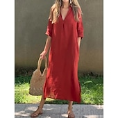 cheap Plain Dress-Women's Maxi Dress Shift Dress Summer Dress Casual Daily Loose Fit Plain 3/4 Length Sleeve V Neck Blue Black White Red Summer Spring Fall