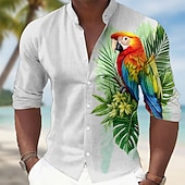 cheap Birds &amp; Animals-Men's Tropical Flowers Parrot Palm Leaf Shirt Hawaiian Shirt Stand Collar Shirt Long Sleeve Hawaiian Casual Vacation Spring Fall Mandarin Collar Band Collar 3D Print Button Up Shirts Blue Khaki Light