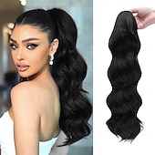 abordables Queue-de-cheval-Extension queue de cheval à pince, 50 cm (20 pouces), noire, bouclée et ondulée, avec pince, pour femme. Cheveux synthétiques souples et naturels, parfaits pour un usage quotidien.