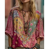abordables Tops Boho-Mujer Camisa Camisas de algodón y lino camisa boho Blusa Retazos Estampado Floral Graphic Bohemia Elegante Étnico Media Manga Escote en Pico Tops regulares Diario Festivos Noche Rojo Verano Primavera