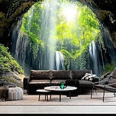 cheap Wall Tapestries-Aesthetic Zen Jungle Cave Tapestry 3D Waterfall Forest Sunlight Wall Decor Serene Nature Landscape Hanging for Yoga Studio Meditation Room
