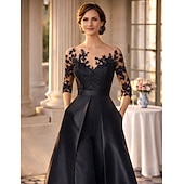 رخيصةأون بدلات الأم-أفرول طول الأرض فستان أم العروس 3/4 الكم جوهرة أنيق حفلة ضيف حفل زفاف حفلة الزفاف ساتان مع زينة لون صلب