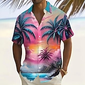 preiswerte Tropische Pflanzen-Herren Kokospalme Ozean Tropische Pflanzen Sommer Hawaiihemd Knopfhemd Alohahemd Kurzarm Hawaiianisch Lässig Urlaub Sommer Frühling Umlegekragen 3D-Druck Hemden mit Kragen Eine Tasche vorne Blau