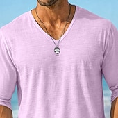 お買い得  コットンリネンTシャツ-男性用 ティートップ 長袖シャツ リネンTシャツ 長袖 Ｖネック 夏 春 春夏 純色 平織り 日常 カジュアル ストリートスタイル 平織り カジュアル アウトドア ストリート ライトブルー レイクブルー ブラック メンズトップTシャツ