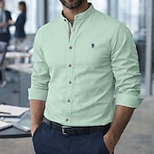 billige Business Casual-Herre Skjorte Linskjorte Sommerskjorte Dresskjorter Skjorte med knapper عادي Virksomhet Formell Svart Navyblå Grønn Kakifarget Langermet Krage Vår sommer Sommer Klær Broderi