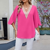 preiswerte Schicke Blusen-Damen Hemd Bluse Chiffon Tops Patchwork Farbblock Stilvoll Lässig Langarm V Ausschnitt Normale Oberteile Täglich Ferien Ausgehen Blau Schwarz Weiß Rosa Himmelblau Sommer Frühling