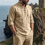 abordables Vacances-Homme Chemise Chemise en lin Style Viking Chemise popover Chemise d'été Chemise à col officier Uni Occasionnel Vacances Noir Blanche Vert Kaki manche longue Col en V Été Printemps Vêtement Tenue