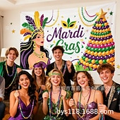 Недорогие Товары для вечеринок-Баннер для фотозоны на вечеринку Марди Гра, большой тканевый фон с фиолетовыми, зелеными и золотыми масками для фотобудки, украшения для стен на парад «Жирный вторник», товары для карнавальной