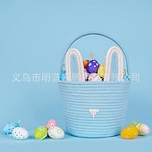 Недорогие Необычные игрушки-Корзинка в виде пасхального кролика, сделанная своими руками, пустая белая хлопковая веревочная сумка для поиска пасхальных яиц с ушками, многоразовое персонализированное подарочное ведерко для детей, малышей, девочек и мальчиков (пустое для самостоятельн