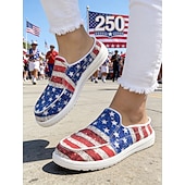  USA 250. Jubiläum Frauen Rot Blau Amerikanische Flagge Druck Komfort Mules – Leinenschlupfschuhe für USA 4. Juli Outdoor-Events Reisen und alltägliche Kleidung