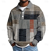 abordables Polo géométrique pour homme-Homme Géométrique Bloc de Couleur Chemises Polo Gaufre Texturé manche longue Polos Revers Occasionnel Athleisure Tenue quotidienne Impression 3D Printemps Automne Hiver Bleu Violet Marron