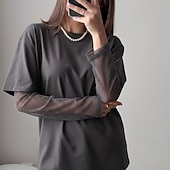 halpa Yksinkertainen t-paita-Naisten 100 % puuvillaverkkopaita tilkkutyö pitsi tilkkutyö feikki kaksiosainen yhdenvärinen tyylikäs rento pitkähihaisella pyöreällä kaula-aukolla säännölliset paidat päivittäinen ulkona musta khaki