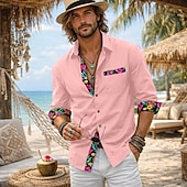 voordelige Vakantie-herenoverhemd linnen overhemd zomeroverhemd strandkleding overhemd met knoopsluiting bloemenprint casual dagelijks boho zwart wit roze grijs lange mouwen revers zomer lente &amp;herfstkleding kledingstuk