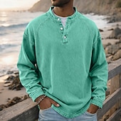 abordables camisetas basicas-SoftFade™ Camiseta para Hombre Henley 100% Algodón Camisa Lavado Ácido T Shirt Tee de Manga Larga Color Sólido Sencillo Vintage Streetwear Casual Prenda Teñida Sencilla Lavada Cuello Alto Henley