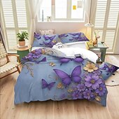 abordables Juegos de funda nórdica-Juego de funda nórdica con estampado de flores y mariposas de rosas moradas, juego de cama estilo hotel con 1 funda nórdica y 2 fundas de almohada, tela de felpa suave, no incluye edredón.