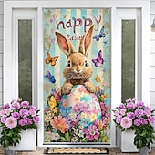 Недорогие Гаражные и дверные баннеры-Пасхальный дверной баннер, счастливый пасхальный кролик, разноцветное яйцо, бабочка, подсолнух, весенняя вывеска для крыльца, настенный гобелен, декор для дома.