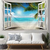 levne Nástěnné tapiserie-3D gobelín s výhledem z okna, pláž, falešné okno, oceán, nástěnná dekorace, tropické palmy, pobřežní krajina, do obývacího pokoje, místnost na jógu.