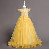 abordables Robes de Fille de Fleurs-Robe de Demoiselle d'Honneur Fille Fille Robe de soirée Tenue de mariage Soirée Mariage Formel Mode Princesse Beau Maille Couleur Unie Sans manches Col Rond Bleu Jaune 4 ans et +