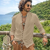 billiga Semester-herrskjorta linneskjorta sommarskjorta vardagskjorta bohemskjorta enfärgad vardaglig blå svart vit rosa långärmad mandarinkrage sommar vår &amp;höstkläder