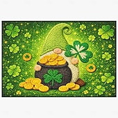 abordables Felpudo-St Patrick's Day Doormat 2D Flat Print Design Featuring Gnome with Pot of Gold and Shamrocks on Sparkling Green Background